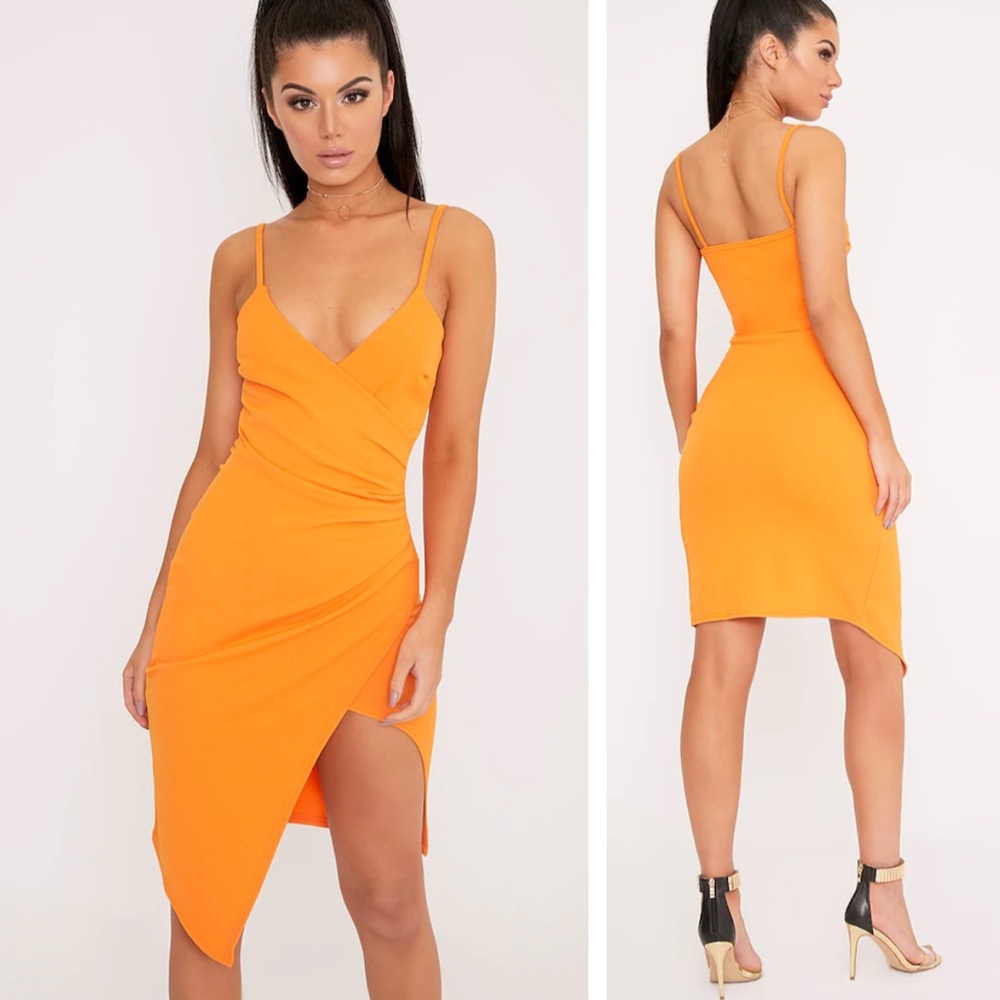 Lauriell Bright Orange Wrap Front Crepe Midi Dress